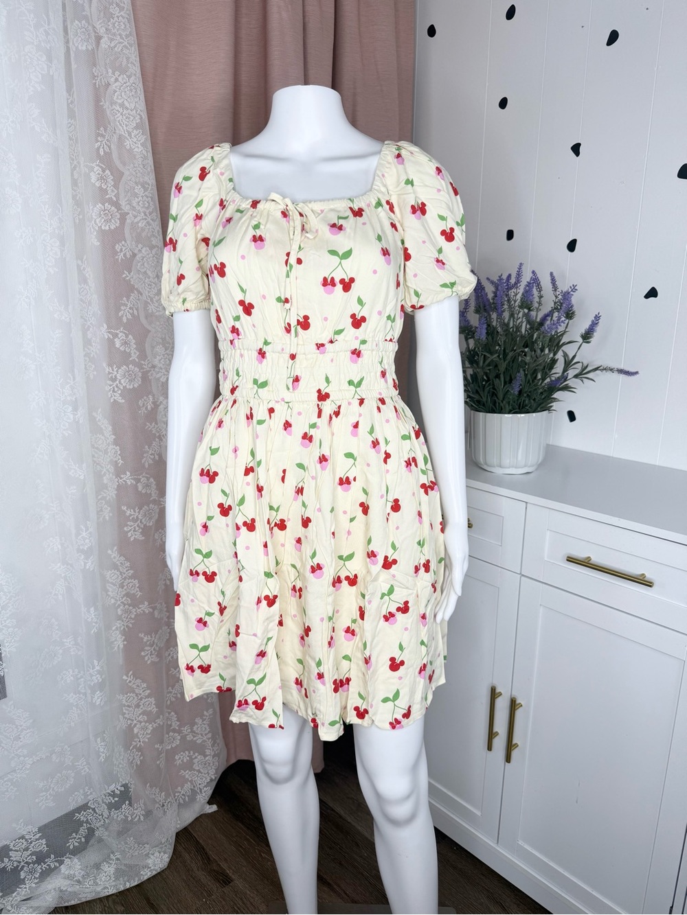 Mickey Mouse Disney. Cream Cherry Print Puff Sleeve Sundress BIN#15
